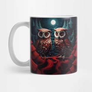 Owl couple pines and snow Mug